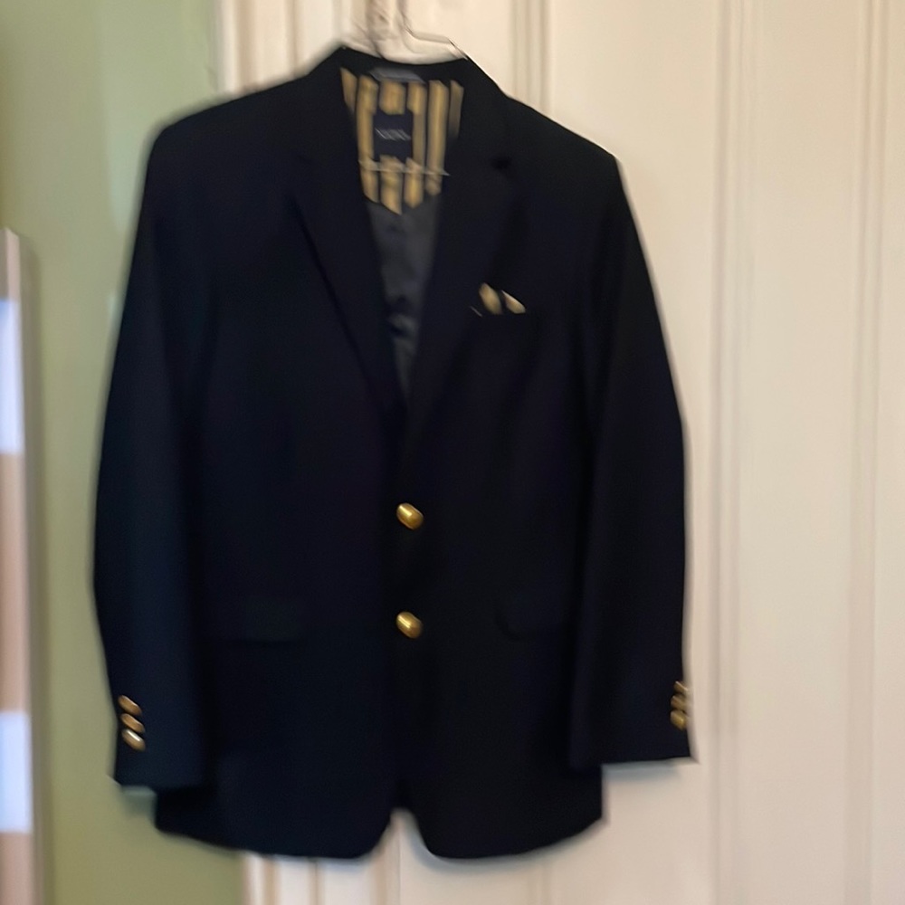 EUC older boy’s navy blazer with gold buttons and pocket square